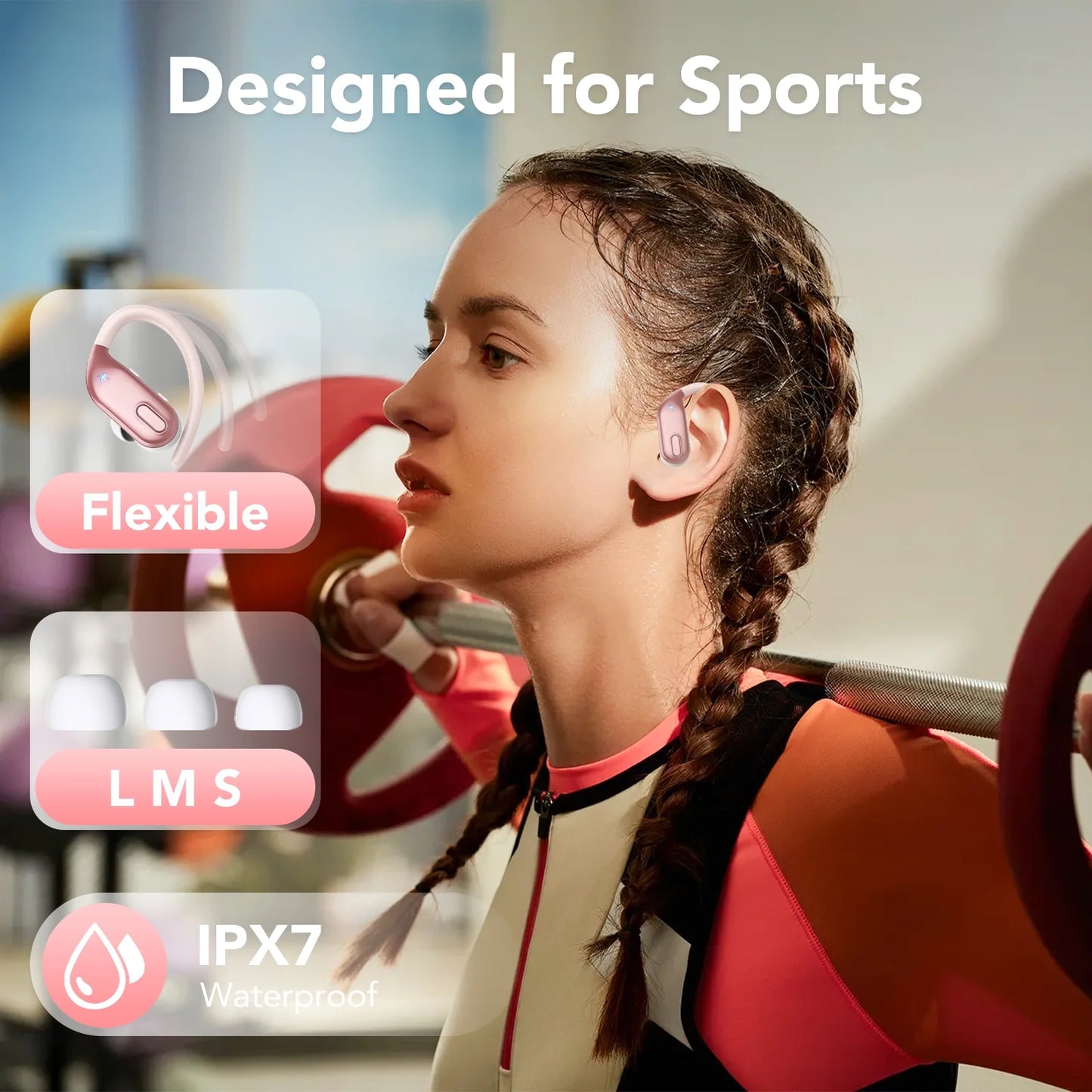 Bluetooth Headphones Wireless Earbuds 80Hrs Playback Sport Ear Buds with Earhook LED Display Charging Case IPX7 Waterproof Earbud Deep Bass Running Earphones for Ios Android Cellphone,Rose Pink