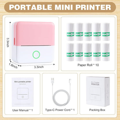 SLOK Thermal Mini Printer, Portable Inkless Bluetooth Sticker Maker with 10 Rolls Paper, Pink