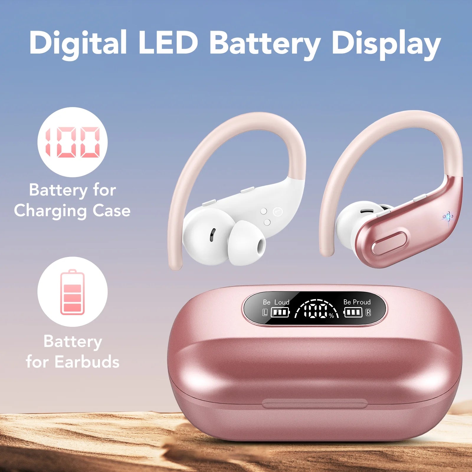 Bluetooth Headphones Wireless Earbuds 80Hrs Playback Sport Ear Buds with Earhook LED Display Charging Case IPX7 Waterproof Earbud Deep Bass Running Earphones for Ios Android Cellphone,Rose Pink